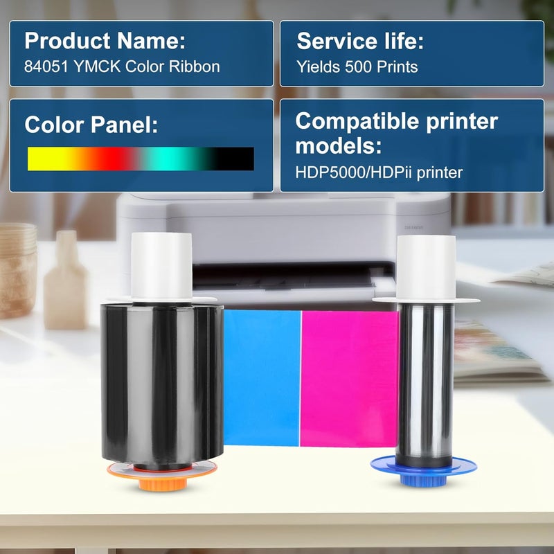 Vikua 84051 YMCK Color Ribbon, Compatible with Fargo Hdp5000 / Hdpii Model Printer, Replacement for Fargo Hdp5000 Ribbon, 084051 Ymck Full-Color Yields 500 Prints with Clean Spool - Image 2